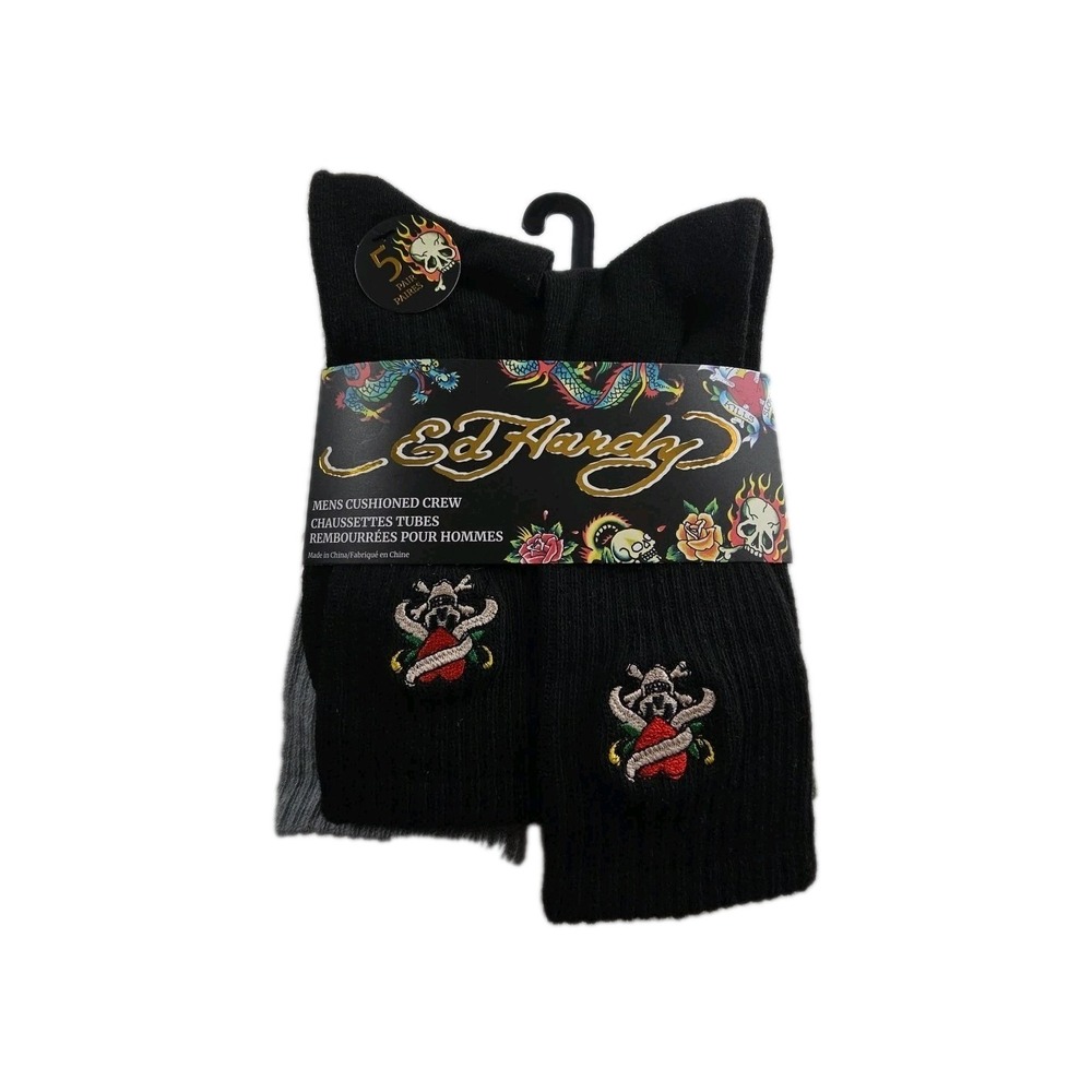 Ed Hardy Mens 5 Pairs Pack  Cushioned Crew Black Gray Green  Socks Shoe 6-12 New
